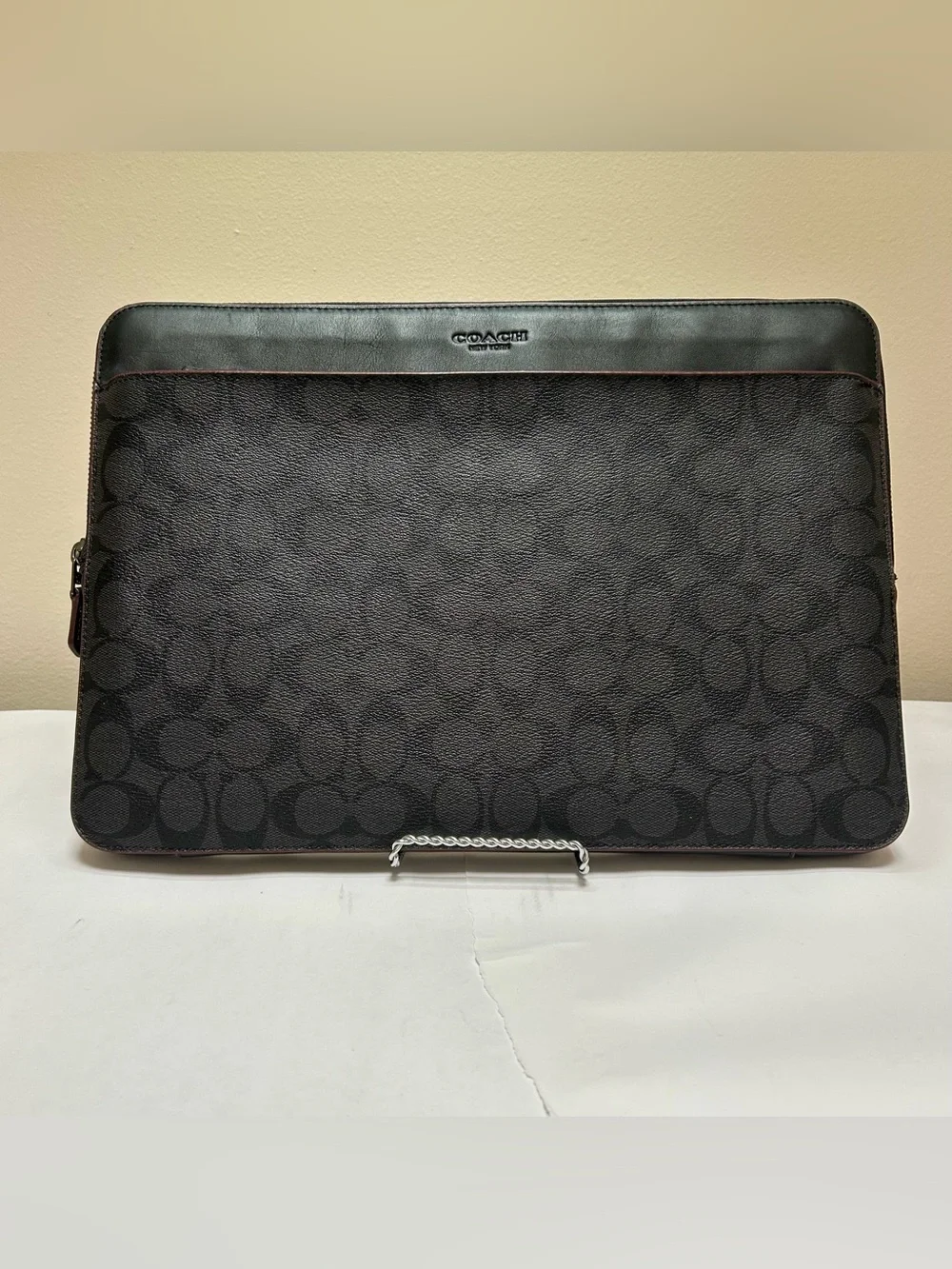 Coach Signature Monogram Laptop Sleeve with Leather Trim Black Oxblood F66552